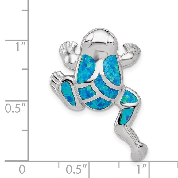 925 Sterling Silver  Created Blue Opal Inlay Frog Slide Necklace Charm Pendant - Picture 3 of 4
